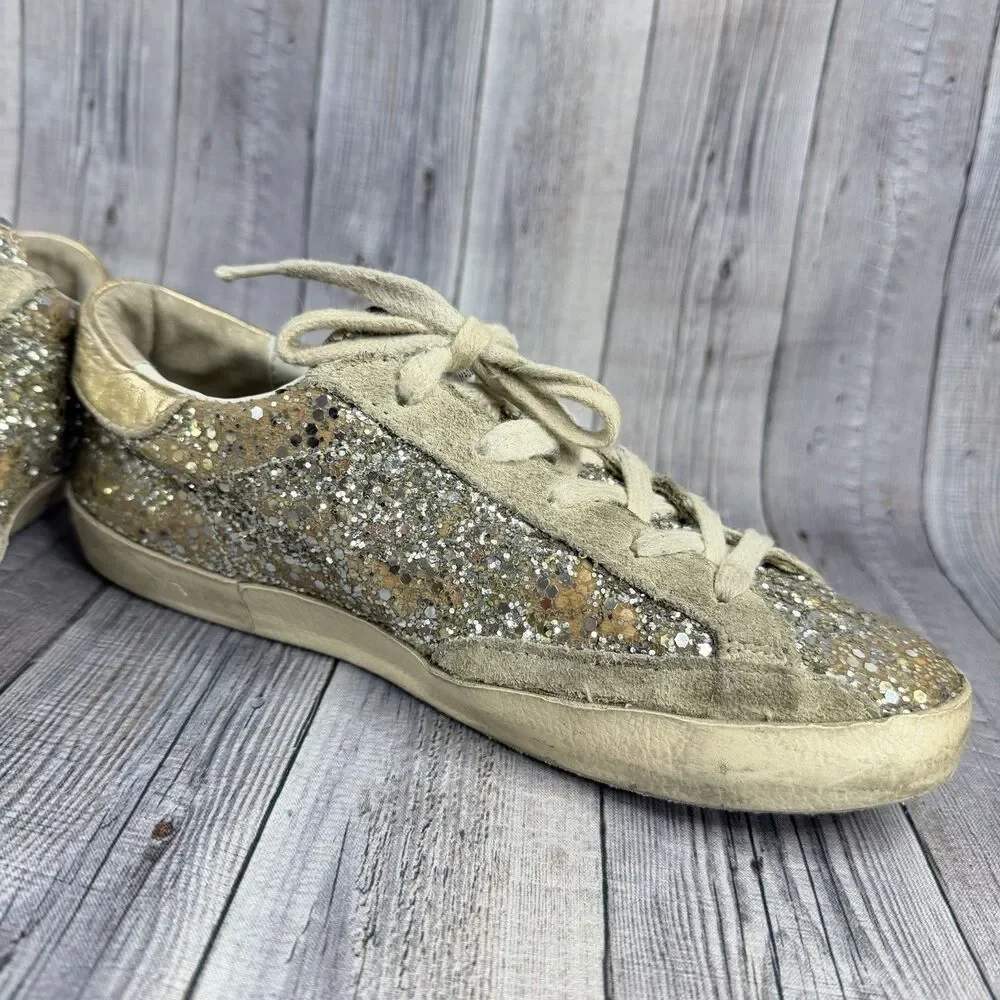 Golden Goose Super-Star Girls Size 1.5Y EUR 34 Silver Glitter Shoes Sneakers